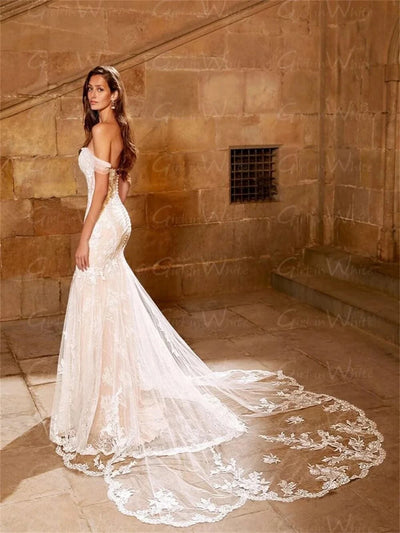 Off The Shoulder Mermaid Wedding Dress Lace Wedding Gown Backless Bride Robe