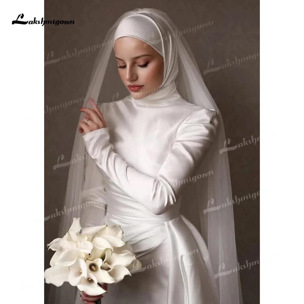 Muslim Wedding Dresses Mermaid Woman's Long Sleeve High Neck Satin Formal Bride Gown