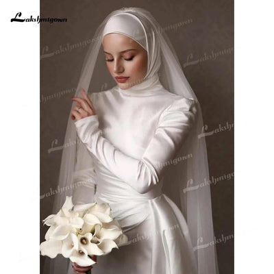 Muslim Wedding Dresses Mermaid Woman's Long Sleeve High Neck Satin Formal Bride Gown