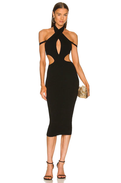 Women's Cut Out Midi Bandage Dress 2025 Summer V Neck Sleeveless Backless Bodycon Off Shoulder Sexy Elegant Evening Dresses
