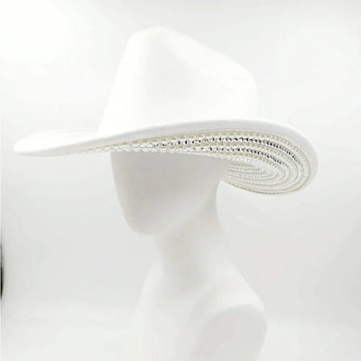 Women's cowboy hat high-end custom accessories white exquisite cowboy fashion shiny pearl rhinestone cowboy hat prom party hat