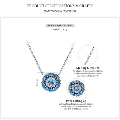 BISAER 925 Sterling Silver Round Blue Zircon Necklace Plated Platinum For Women Lucky Pendant Luxury Necklaces Fine Jewelry Gift