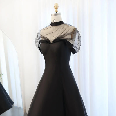 Sharon Said Black Sheer Sleeves Evening Dresses with Sweep Floor for Women Wedding Party Gown SF026 Customized فساتين سهرة