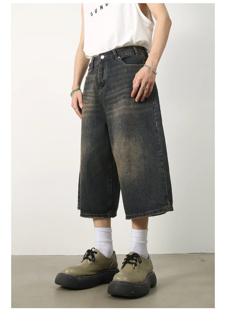Men's Jeans Shorts American Style Vintage Loose Fit Wide Leg Straight Leg Denim Fashion Design Summer Y2k Gothic Washed Shorts