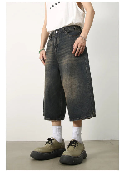 Men's Jeans Shorts American Style Vintage Loose Fit Wide Leg Straight Leg Denim Fashion Design Summer Y2k Gothic Washed Shorts