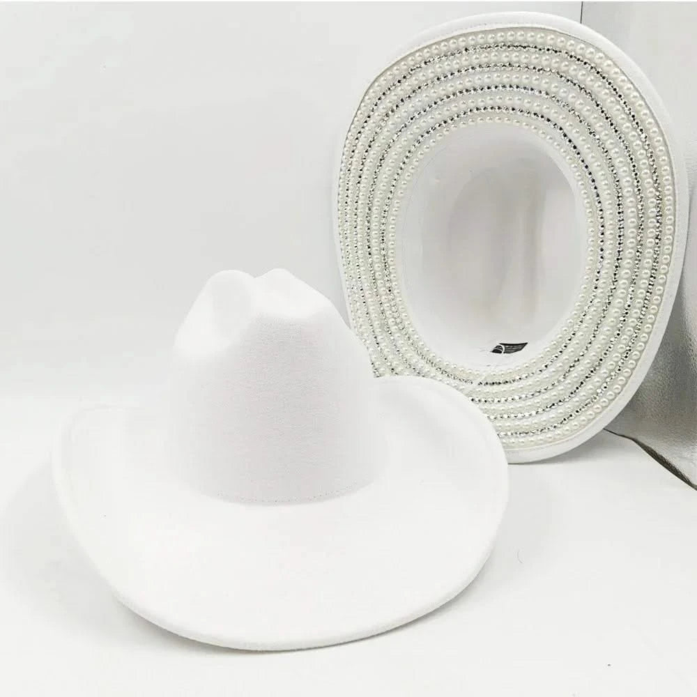 Women's cowboy hat high-end custom accessories white exquisite cowboy fashion shiny pearl rhinestone cowboy hat prom party hat