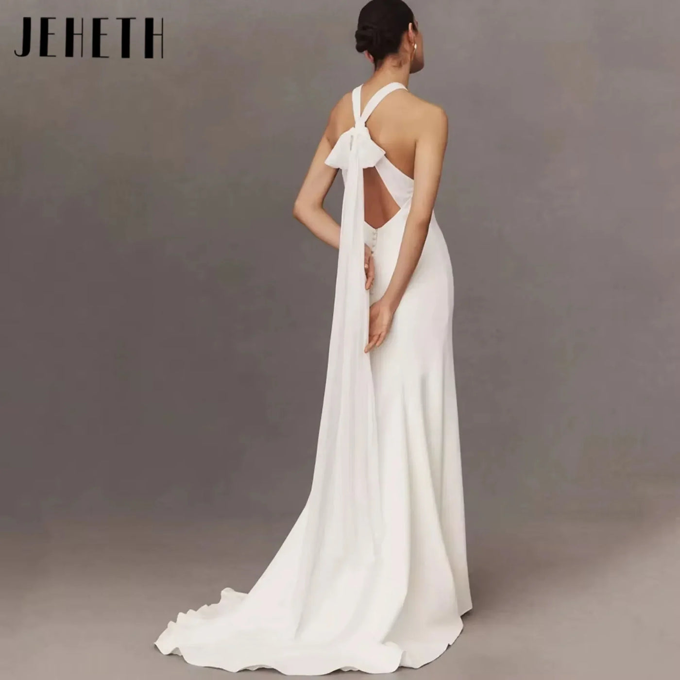 Elegant Satin Mermaid Wedding Dress with Criss-Cross Bow Simple Halter Bridal Gown Backless Bride Robe Vestido De Novia Custom
