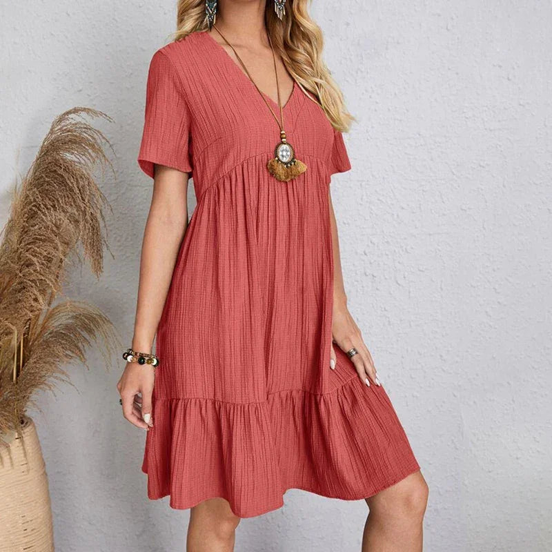 Women Mini Dress Summer Casual Solid V Neck Ruffles A-line Dress Female Fashion Holiday Boho Loose Beach Elegant Dresses Vestido