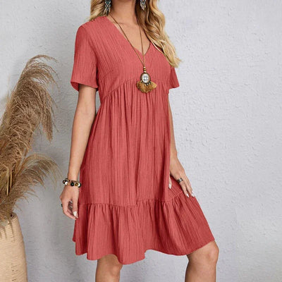 Women Mini Dress Summer Casual Solid V Neck Ruffles A-line Dress Female Fashion Holiday Boho Loose Beach Elegant Dresses Vestido
