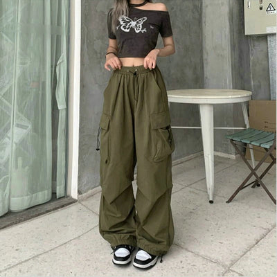 Women Casual Cargo Pant Solid Low Waist Drawstring Big Pockets Wide Leg Baggy Trousers Female Y2K Streetwear Oversize Sweatpants