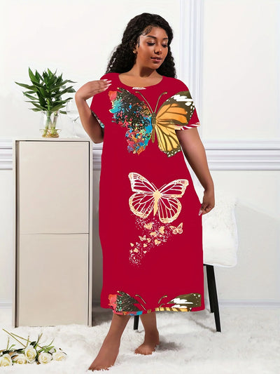 Women's Casual Lounge Dress, Plus Size, Butterfly Print, Short Sleeve, Round Neck, Breathe Girl Tee Nightdress, 2023