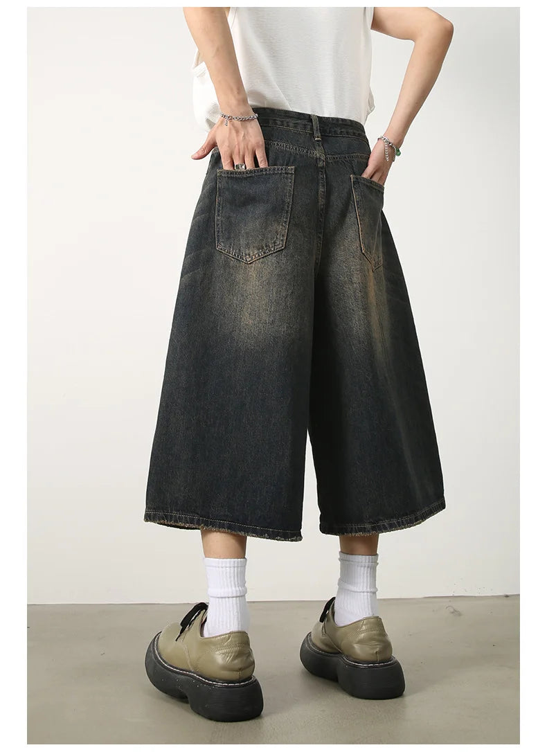 Men's Jeans Shorts American Style Vintage Loose Fit Wide Leg Straight Leg Denim Fashion Design Summer Y2k Gothic Washed Shorts