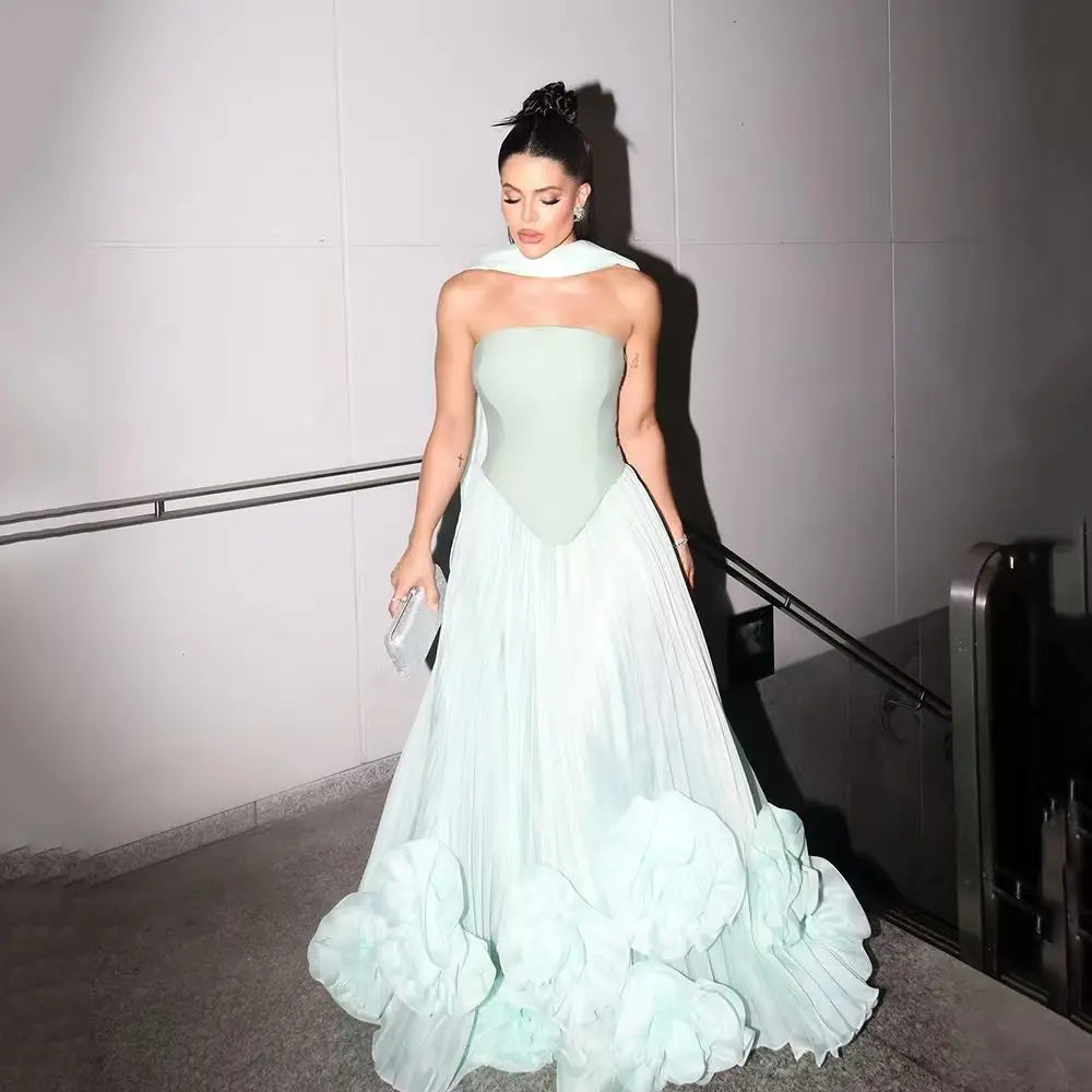 Sharon Said Elegant Green Strapless Evening Dress with 3D Flowers Arabic for Women Wedding Dress Gown SF411 Customized