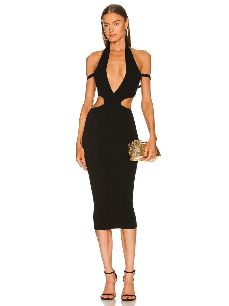 Women's Cut Out Midi Bandage Dress 2025 Summer V Neck Sleeveless Backless Bodycon Off Shoulder Sexy Elegant Evening Dresses