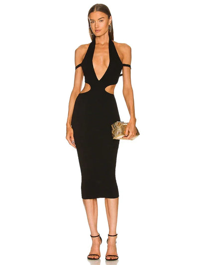 Women's Cut Out Midi Bandage Dress 2025 Summer V Neck Sleeveless Backless Bodycon Off Shoulder Sexy Elegant Evening Dresses