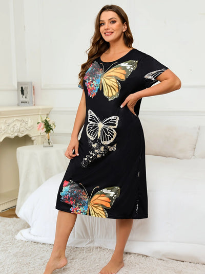 Women's Casual Lounge Dress, Plus Size, Butterfly Print, Short Sleeve, Round Neck, Breathe Girl Tee Nightdress, 2023