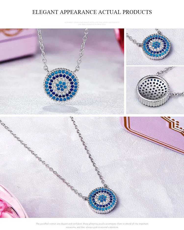 BISAER 925 Sterling Silver Round Blue Zircon Necklace Plated Platinum For Women Lucky Pendant Luxury Necklaces Fine Jewelry Gift