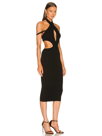 Women's Cut Out Midi Bandage Dress 2025 Summer V Neck Sleeveless Backless Bodycon Off Shoulder Sexy Elegant Evening Dresses