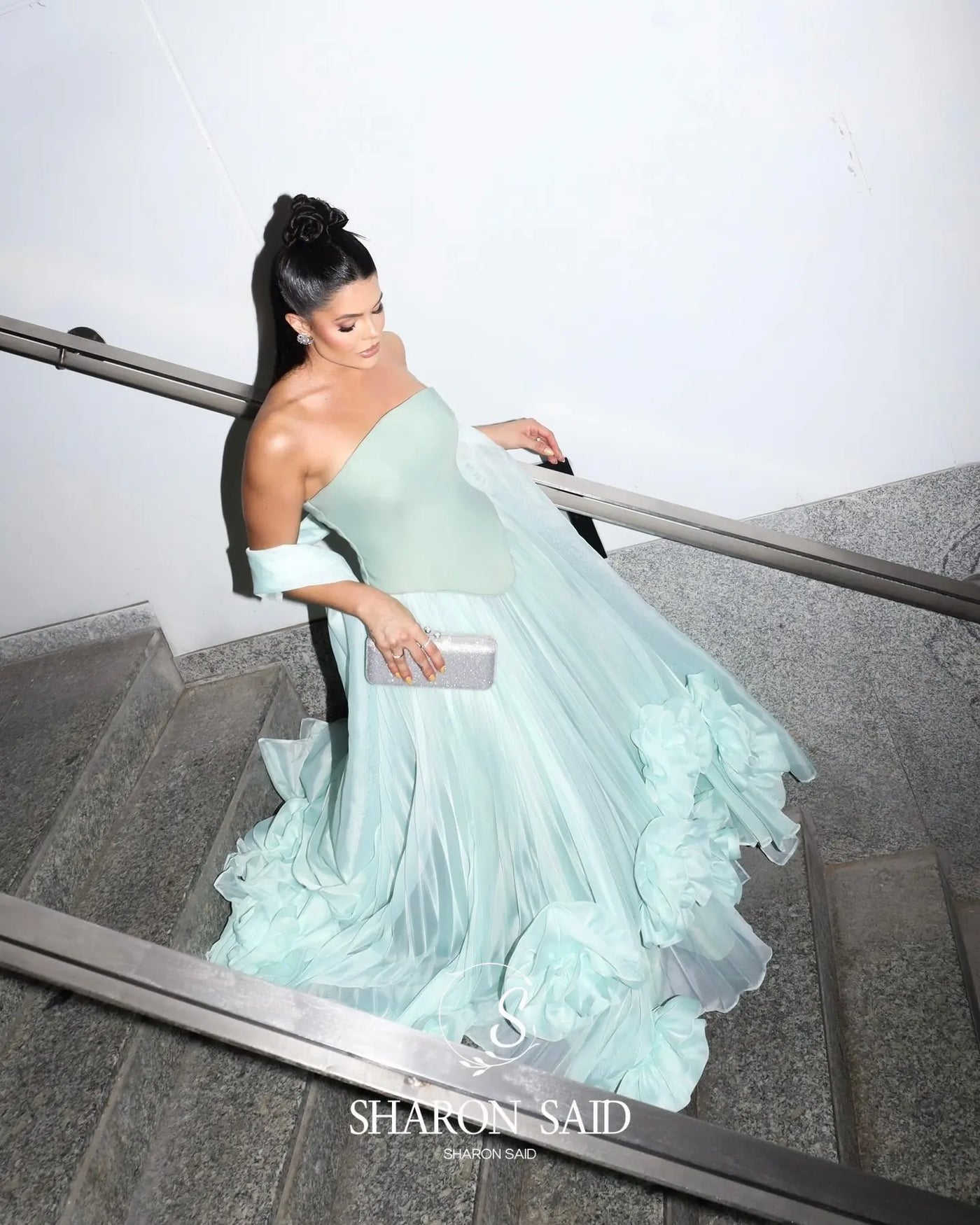 Sharon Said Elegant Green Strapless Evening Dress with 3D Flowers Arabic for Women Wedding Dress Gown SF411 Customized
