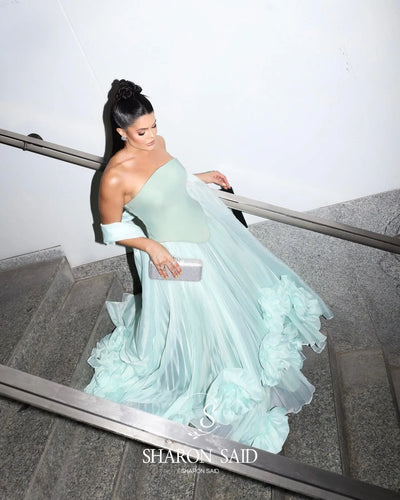 Sharon Said Elegant Green Strapless Evening Dress with 3D Flowers Arabic for Women Wedding Dress Gown SF411 Customized