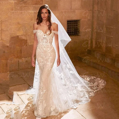 Off The Shoulder Mermaid Wedding Dress Lace Wedding Gown Backless Bride Robe