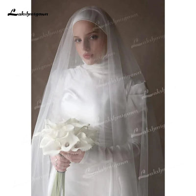 Muslim Wedding Dresses Mermaid Woman's Long Sleeve High Neck Satin Formal Bride Gown