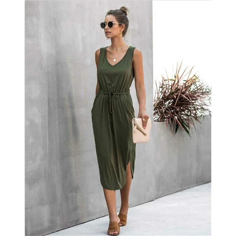 Summer Sleeveless Baumwolle Casual Women Midi V-Neck Solid Tank Dress