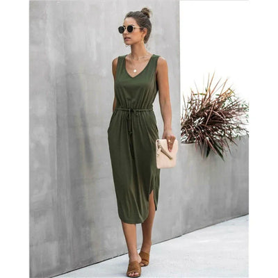Summer Sleeveless Baumwolle Casual Women Midi V-Neck Solid Tank Dress