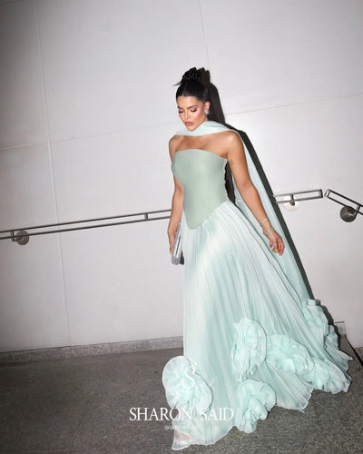 Sharon Said Elegant Green Strapless Evening Dress with 3D Flowers Arabic for Women Wedding Dress Gown SF411 Customized