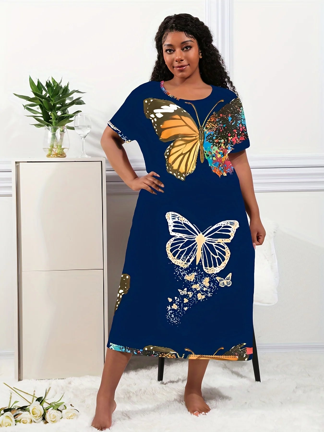 Women's Casual Lounge Dress, Plus Size, Butterfly Print, Short Sleeve, Round Neck, Breathe Girl Tee Nightdress, 2023