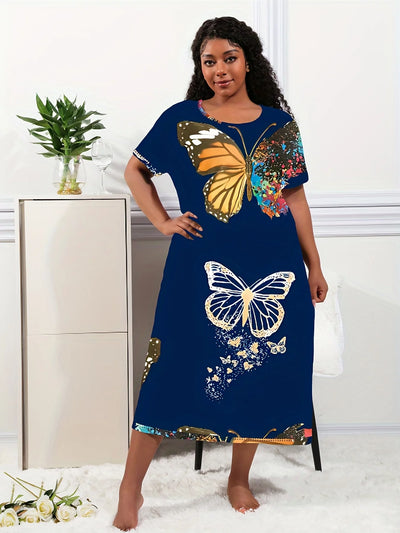 Women's Casual Lounge Dress, Plus Size, Butterfly Print, Short Sleeve, Round Neck, Breathe Girl Tee Nightdress, 2023