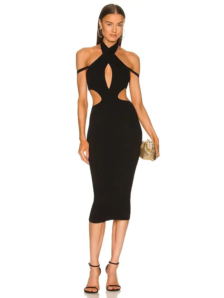 Women's Cut Out Midi Bandage Dress 2025 Summer V Neck Sleeveless Backless Bodycon Off Shoulder Sexy Elegant Evening Dresses