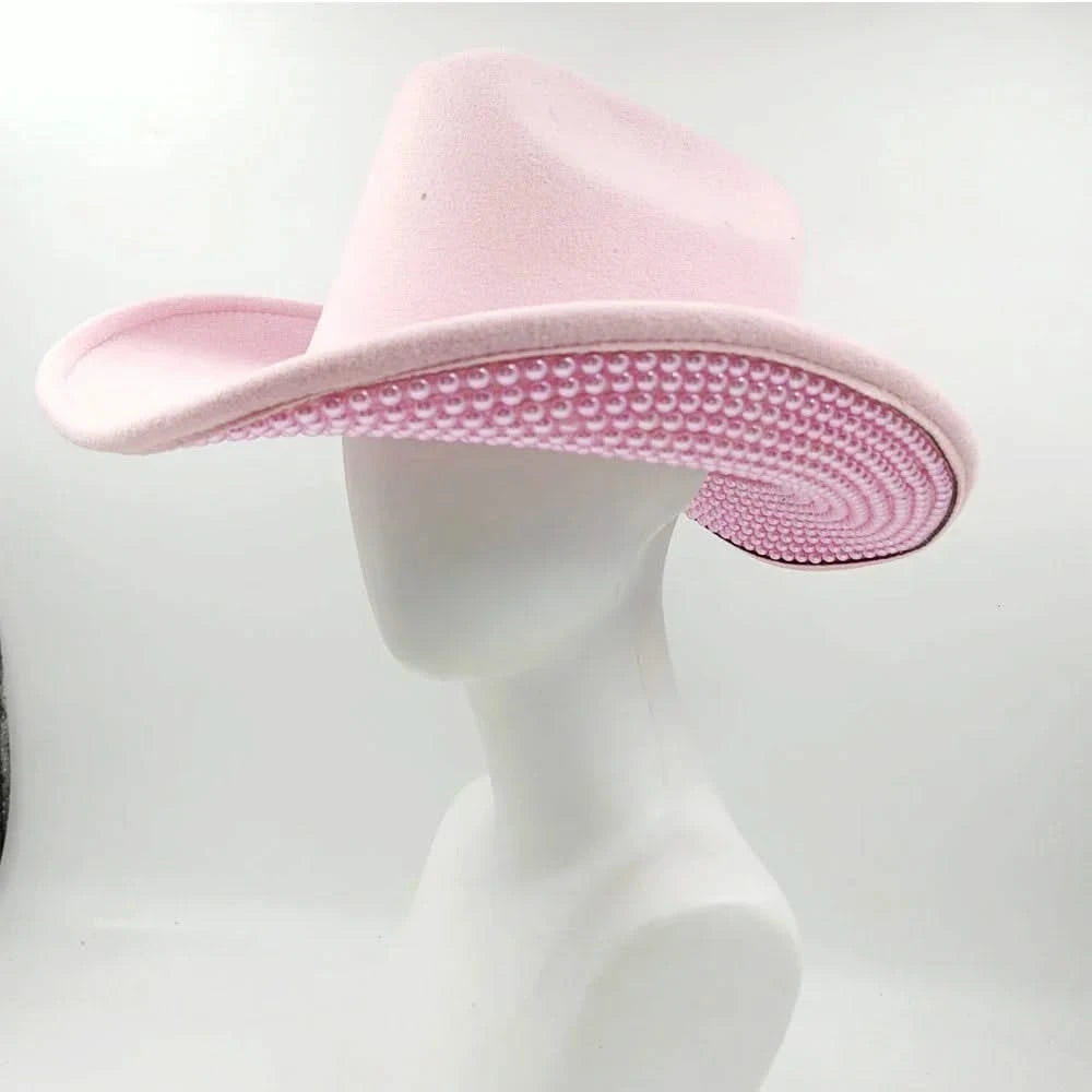 Women's cowboy hat high-end custom accessories white exquisite cowboy fashion shiny pearl rhinestone cowboy hat prom party hat