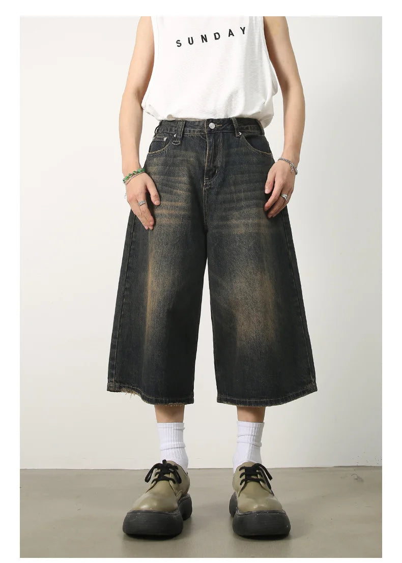 Men's Jeans Shorts American Style Vintage Loose Fit Wide Leg Straight Leg Denim Fashion Design Summer Y2k Gothic Washed Shorts