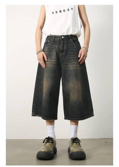 Men's Jeans Shorts American Style Vintage Loose Fit Wide Leg Straight Leg Denim Fashion Design Summer Y2k Gothic Washed Shorts