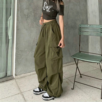 Women Casual Cargo Pant Solid Low Waist Drawstring Big Pockets Wide Leg Baggy Trousers Female Y2K Streetwear Oversize Sweatpants