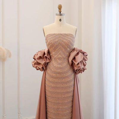 Sharon Said Luxury Arabic Dusty Rose Evening Dresses with Cape Dubai Strapless Midi Women Wedding Party Gowns SS492 Customized