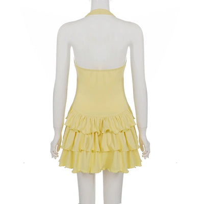 Women's Dresses 2025 Halter Mini Dress Chic U Neck Layer Ruffles Hem Bodycone A Line Vestido Summer Ladies Street Party Wear