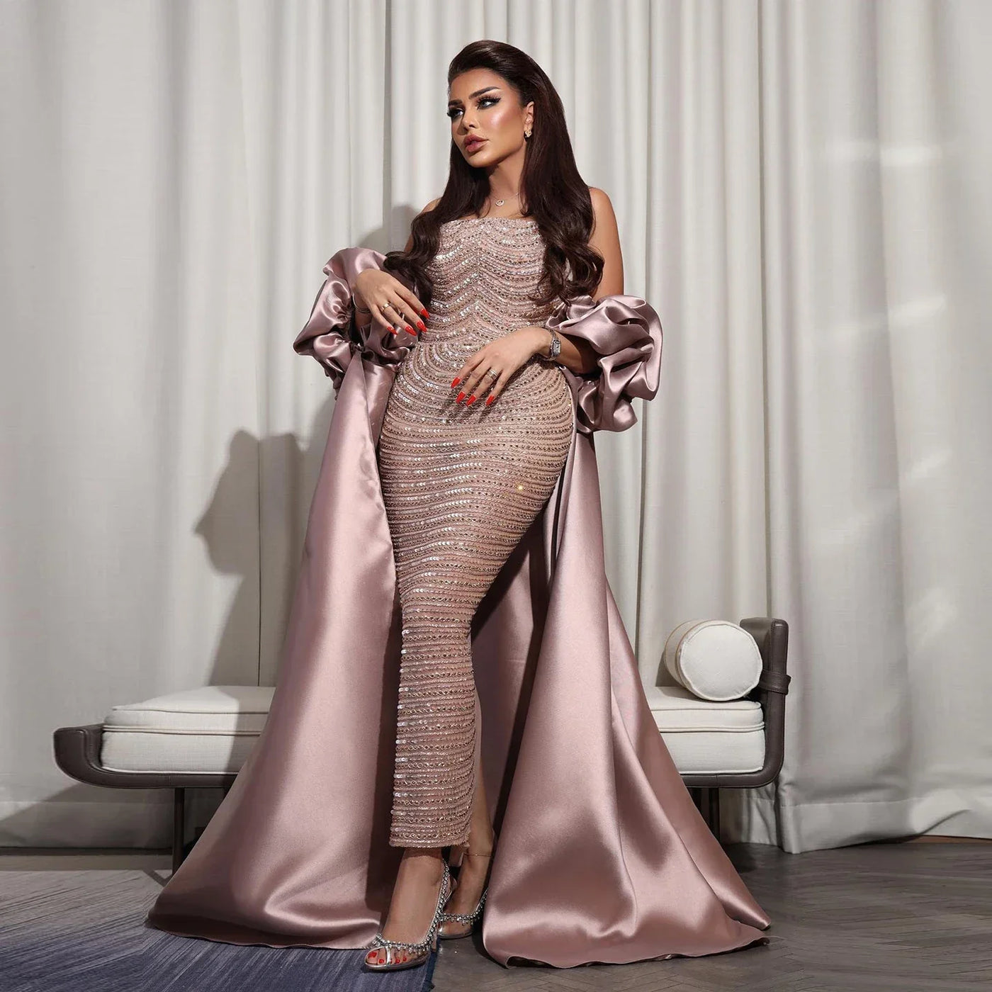 Sharon Said Luxury Arabic Dusty Rose Evening Dresses with Cape Dubai Strapless Midi Women Wedding Party Gowns SS492 Customized