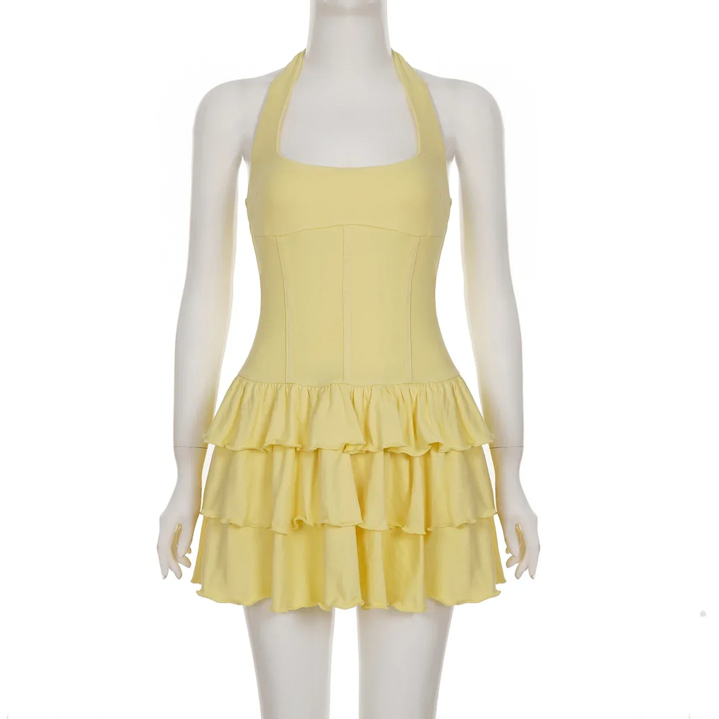 Women's Dresses 2025 Halter Mini Dress Chic U Neck Layer Ruffles Hem Bodycone A Line Vestido Summer Ladies Street Party Wear