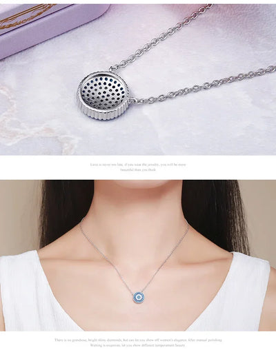 BISAER 925 Sterling Silver Round Blue Zircon Necklace Plated Platinum For Women Lucky Pendant Luxury Necklaces Fine Jewelry Gift