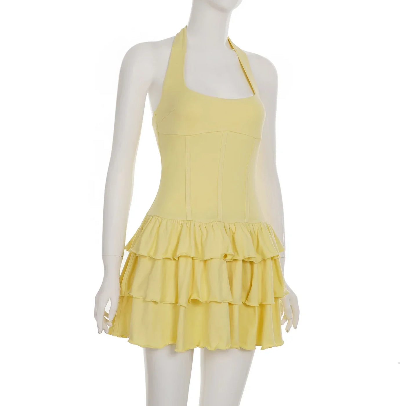 Women's Dresses 2025 Halter Mini Dress Chic U Neck Layer Ruffles Hem Bodycone A Line Vestido Summer Ladies Street Party Wear
