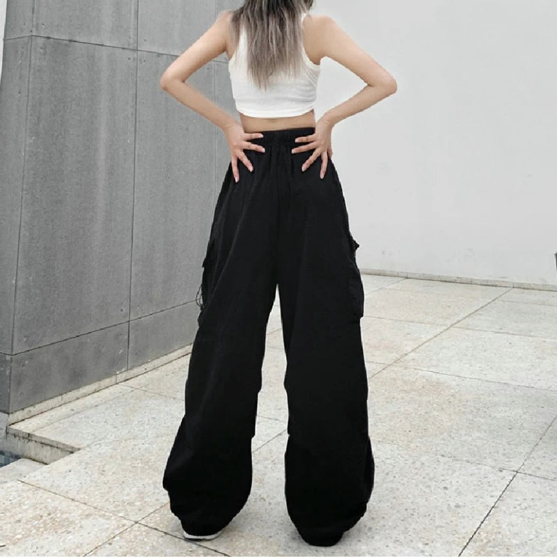 Women Casual Cargo Pant Solid Low Waist Drawstring Big Pockets Wide Leg Baggy Trousers Female Y2K Streetwear Oversize Sweatpants