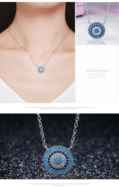 BISAER 925 Sterling Silver Round Blue Zircon Necklace Plated Platinum For Women Lucky Pendant Luxury Necklaces Fine Jewelry Gift