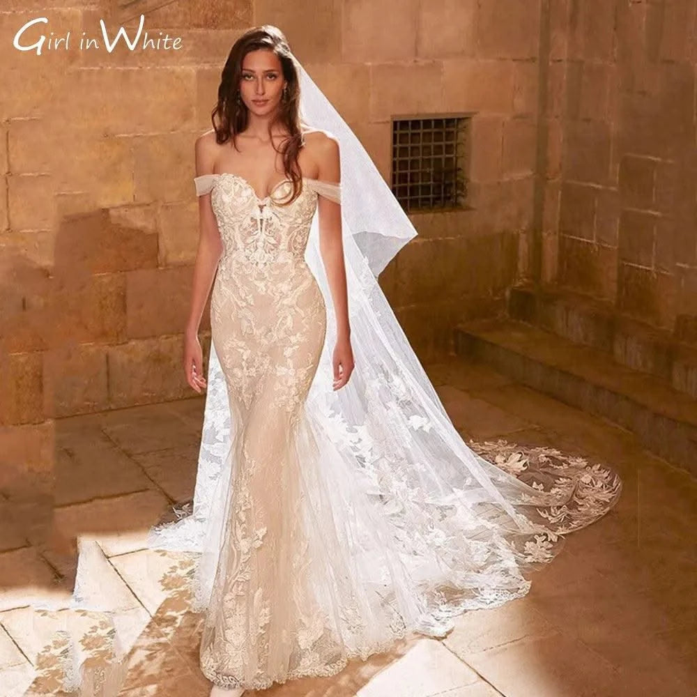 Off The Shoulder Mermaid Wedding Dress Lace Wedding Gown Backless Bride Robe