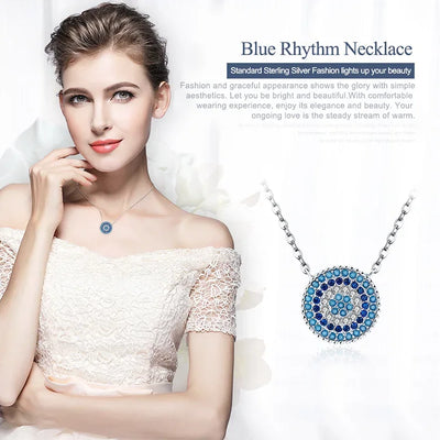 BISAER 925 Sterling Silver Round Blue Zircon Necklace Plated Platinum For Women Lucky Pendant Luxury Necklaces Fine Jewelry Gift