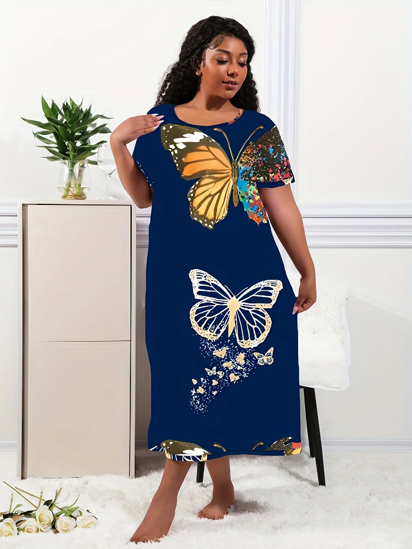 Women's Casual Lounge Dress, Plus Size, Butterfly Print, Short Sleeve, Round Neck, Breathe Girl Tee Nightdress, 2023