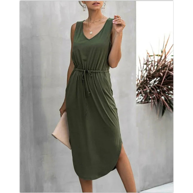 Summer Sleeveless Baumwolle Casual Women Midi V-Neck Solid Tank Dress