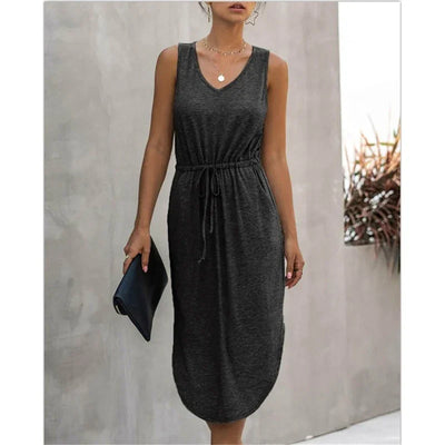 Summer Sleeveless Baumwolle Casual Women Midi V-Neck Solid Tank Dress