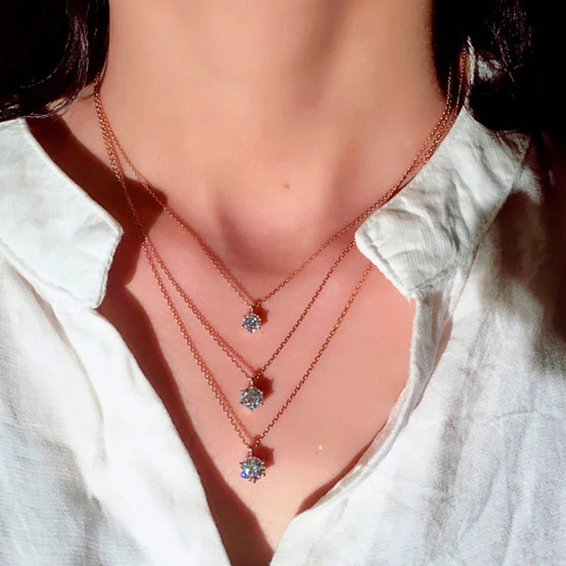 Huitan Simple Classic Six Prong Solitaire Pendant Necklaces Women Silver Color/Rose Gold Color Shiny CZ Anniversary Gift Jewelry